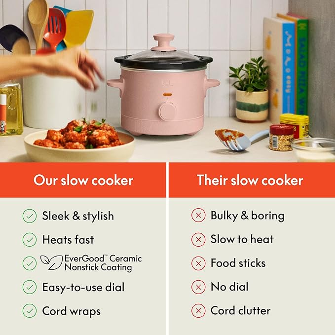 bella 1.5 Qt Slow Cooker with 3 Heat Manual Control, EverGood™ Ceramic Nonstick Coating, Dishwasher Safe Stoneware Pot and Tempered Glass Lid, Tangle Free Cord Wrap & Cool Touch Handles, Blossom