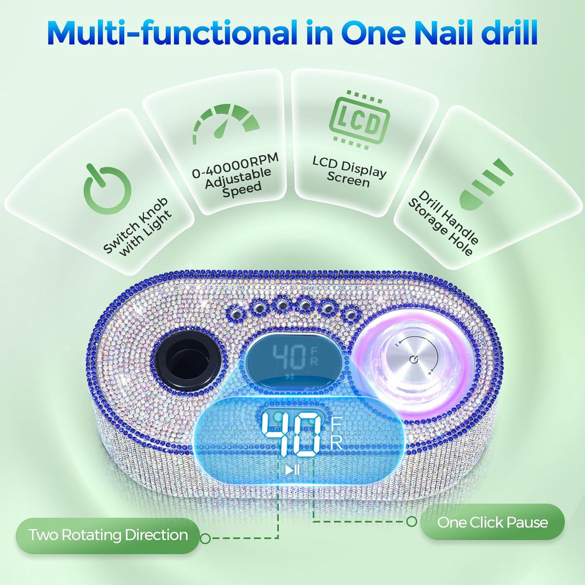 Nail Drill Electric File: DEDNMSCA Sparkly Professional Nail Drill Kit, 40000RPM E-file Machine with USB LED Light and 12 Drill Bits for Acrylic Nail Remove Gel Polish Manicure for Salon Home, Diamond