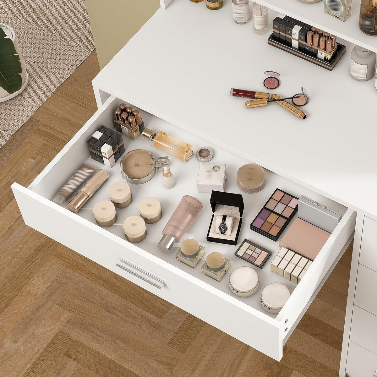 Quimoo Makeup Vanity Desk with Mirror & Lights, Vanity Desk with 5 Drawers & Storage Shelves, Vanity Table, 3 Color Modes & Adjustable Brightness Dressing Table, Bedroom, White