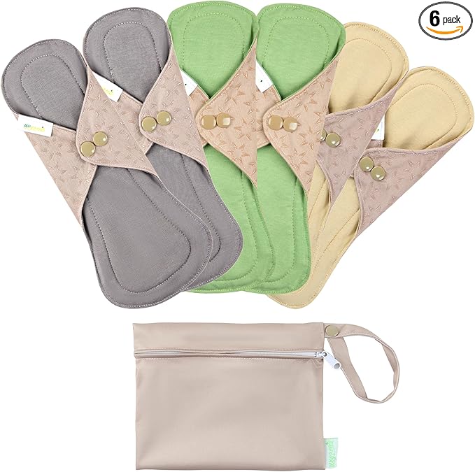 wegreeco 6 Pcs Reusable Menstrual Pads, Ultra Absorbent Cloth Pads for Heavy Flow, Sanitary for Teens, Women, Nonslip, Inner Mustard Yellow, Grey, Beige, Rose Gold Outer, M