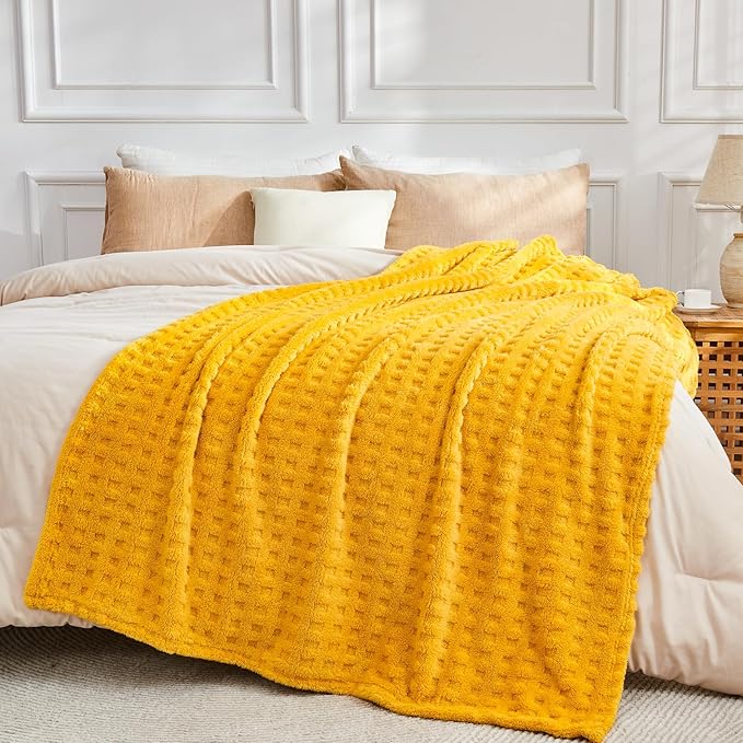 NEWCOSPLAY Super Soft Twin Blanket Yellow Premium Silky Flannel Fleece 3D Waffle Checkered Lightweight Bed Blanket All Season Use (Mustard Yellow, Twin(60"x80"))
