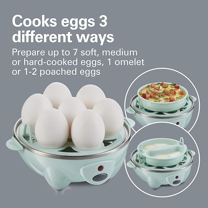 Hamilton Beach Egg Cooker 3-in-1 for Hard Boiled & Poached Eggs, Omelets & Vegetable Steamer, Holds 7, Mint (25504)