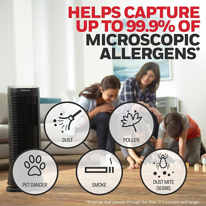 Honeywell Air Genius 5 Air Purifier with Permanent, Washable Filter, for Large Rooms, Reduces Smoke, Wildfire Smoke, Dust, Pollen, Pet Dander and More, Black, HFD320