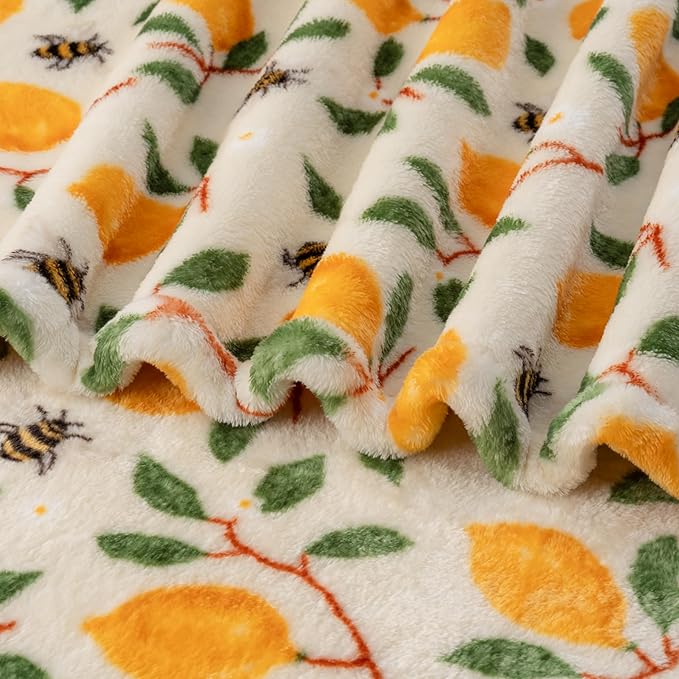 Berkshire Blanket-Classic Heavyweight Warm Soft Printed VelvetLoft® Plush Blanket, King Size Soft Fuzzy Blanket for Couch Sofa Bed, Lemons and Bees Yellow, 90in x 108in