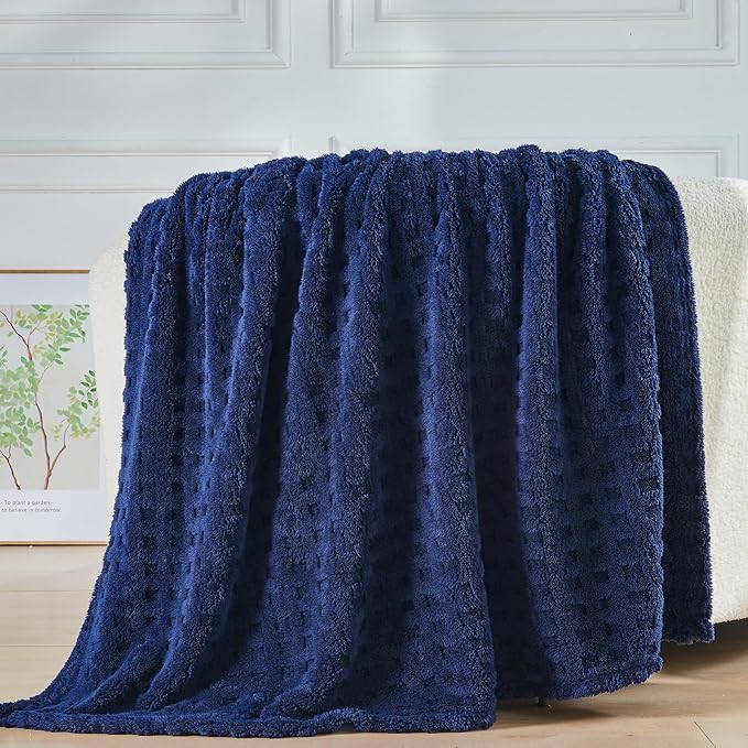 NEWCOSPLAY Super Soft Queen Blanket Navy Premium Silky Flannel Fleece 3D Waffle Checkered Lightweight Bed Blanket All Season Use (Dark Navy, Queen(90"x90"))