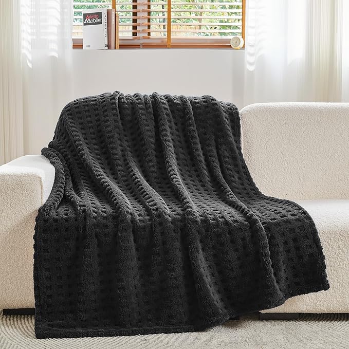NEWCOSPLAY Super Soft Queen Blanket Black Premium Silky Flannel Fleece 3D Waffle Checkered Lightweight Bed Blanket All Season Use (Black, Queen(90"x90"))