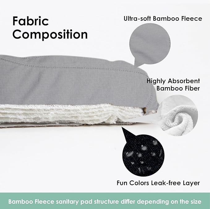 wegreeco 6 Pcs Reusable Menstrual Pads, Ultra Absorbent Cloth Pads for Heavy Flow, Sanitary for Teens, Women, Nonslip, Grey Inner, Black Outer, Large