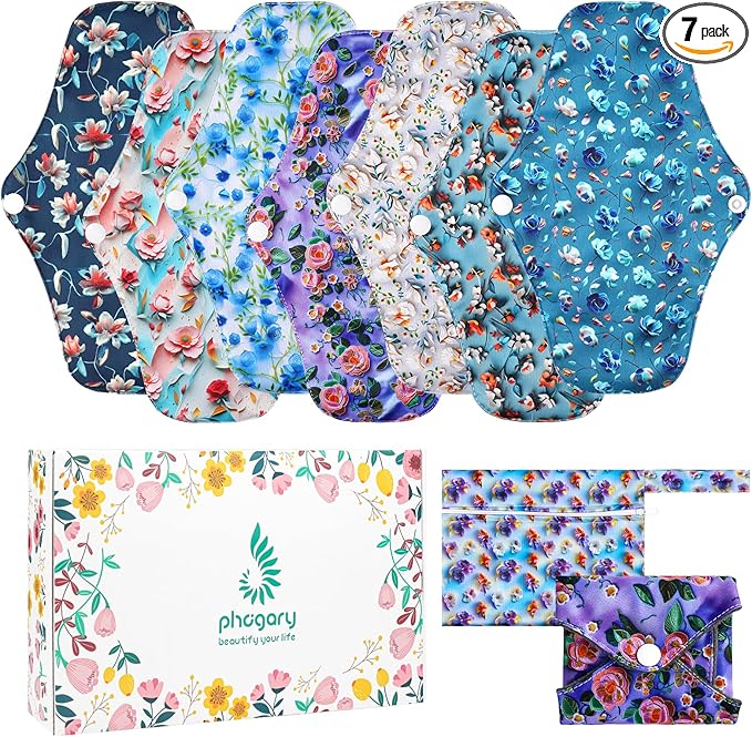PHOGARY 7 Packs Reusable Menstrual Pads with Wings for Women, Washable Overnight Cloth Panty Liners Sanitary Pads for Heavy Flow with Wet Bag