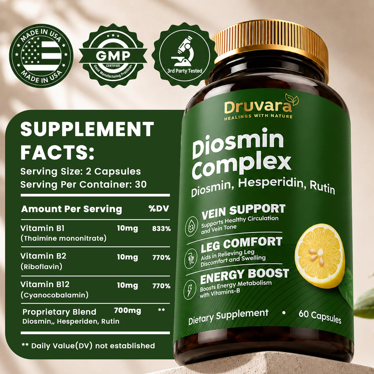 Druvara Diosmin Hesperidin with Rutin & B Vitamins | Vein Support Supplement for Leg Comfort, Healthy Circulation, Vein Strength & Improved Mobility - 60 Capsules