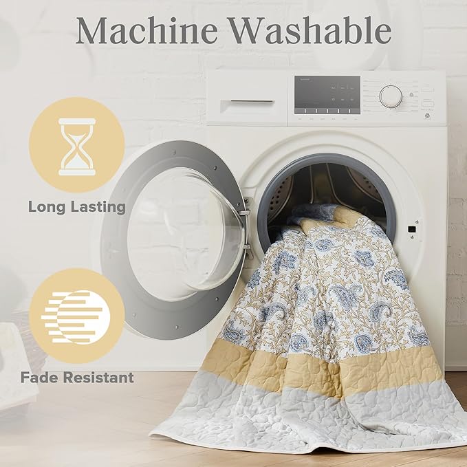 Madison Park 100% Cotton Quilt Set Floral Print, Double Sided Stitching, All Season, Lightweight Coverlet Shabby Chic Bedding Layer, Matching Shams, Full/Queen, Yellow 6 Piece