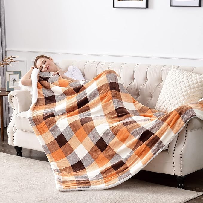 SOCHOW Buffalo Plaid Sherpa Fleece Throw Blanket, Double-Sided Checkered Super Soft Luxurious Bedding Blanket 60 x 80 inches, Orange