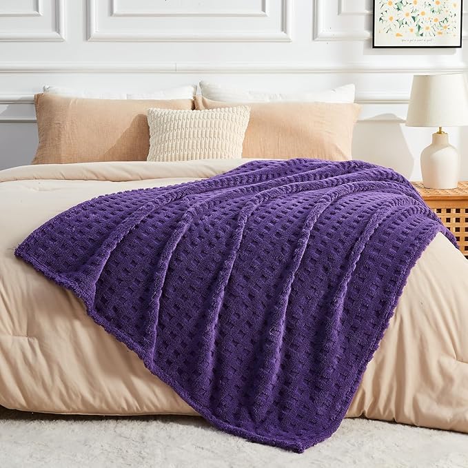 NEWCOSPLAY Super Soft King Blanket Purple Premium Silky Flannel Fleece 3D Waffle Checkered Lightweight Bed Blanket All Season Use (Dark Purple, King(90"x110"))