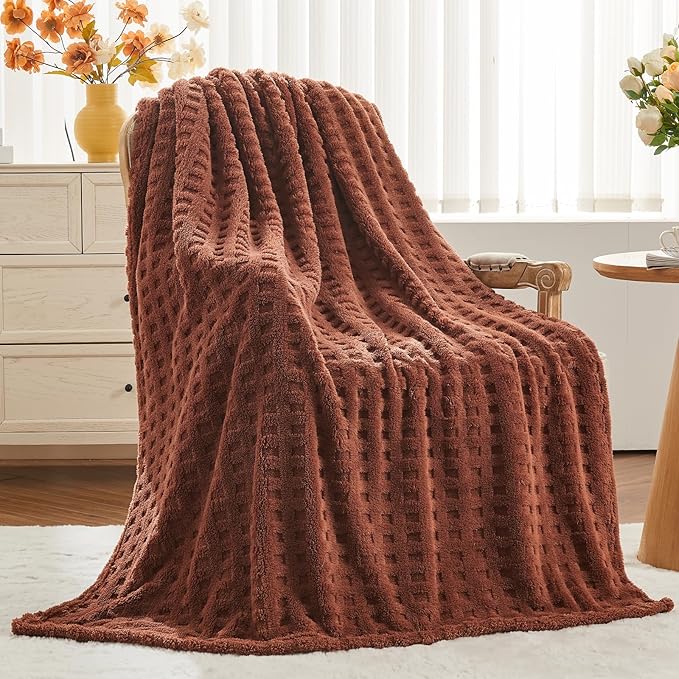 NEWCOSPLAY Super Soft King Blanket Coffee Premium Silky Flannel Fleece 3D Waffle Checkered Lightweight Bed Blanket All Season Use (Coffee, King(90"x110"))