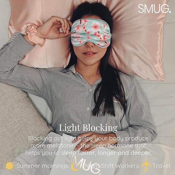 SMUG Satin Sleep Mask (3 Pack) Deep Dream Sleep Aid Eye Mask for Women & Men for Sleeping, Travel, Night Shift - Soft on Skin & Reduce Dark Circles - Eye Cover to Block Out Light - Cherry Blossom