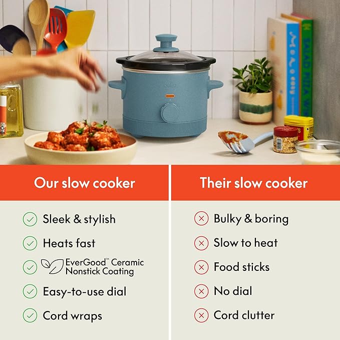 bella 1.5 Qt Slow Cooker with 3 Heat Manual Control, EverGood™ Ceramic Nonstick Coating, Dishwasher Safe Stoneware Pot and Tempered Glass Lid, Tangle Free Cord Wrap & Cool Touch Handles, Surf