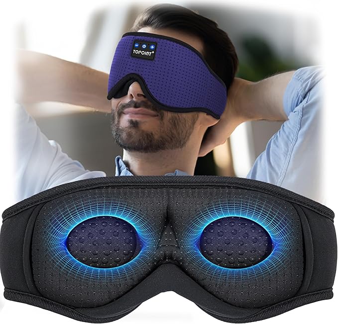 Sleep Mask with Bluetooth Headphones Wireless, TOPOINT 3D Eye Mask for Sleeping Headphones Women Men with Noise Canceling Earbuds, Thin Speaker, Blackout, 15 Hours for Travel, Meditation, CPAP Users