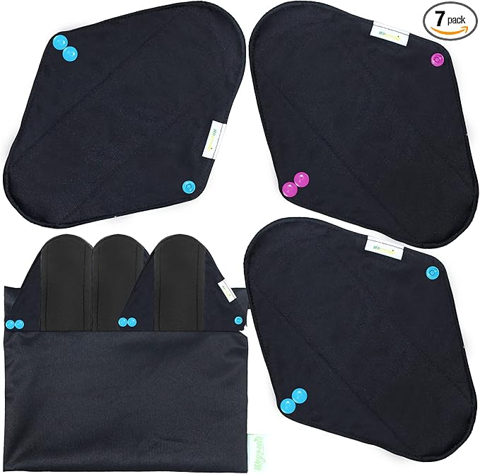 wegreeco Charcoal Reusable Menstrual Pads - Reusable Sanitary Pads | Reusable Panty Liners | Soft Cloth Menstrual Pads - 6 Pack with 1 Cloth Mini Wet Bag (Medium, Black)