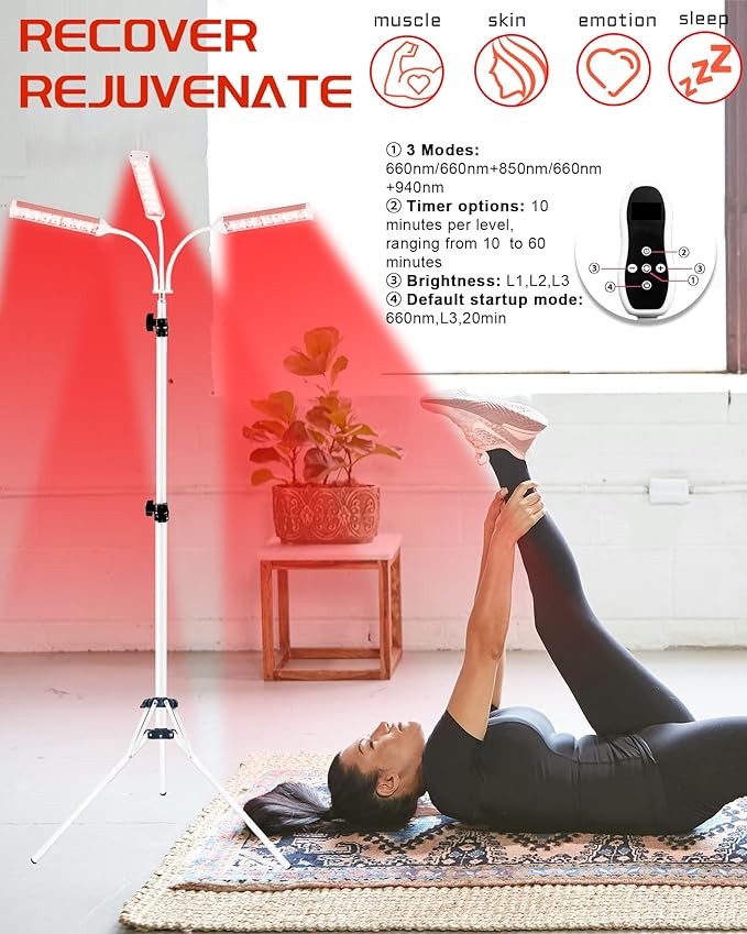 Red Light Therapy Lamp for Face- Facial and Body Treatment with Adjustable Height Stand, Alleviate Muscle Soreness, Skin Vitality,3head-w