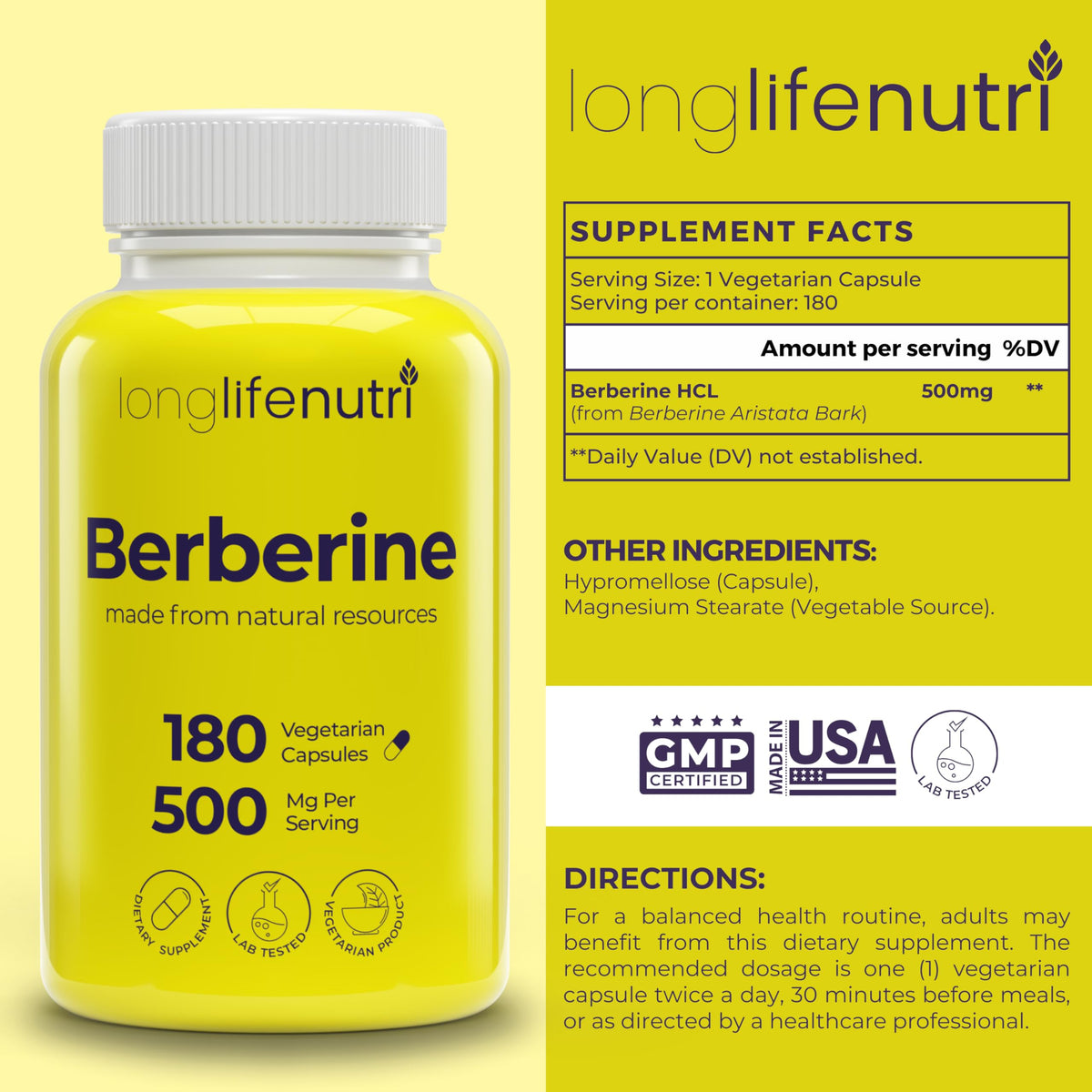 Berberine 500mg HCL Extract – from Berberis Aristata Vulgaris, 180 Vegetarian Capsules, Digestive Supplement for Overall Well-Being, 6-Month Supply, Non-GMO,1000mg per Serving, GMP Certified, USA Made