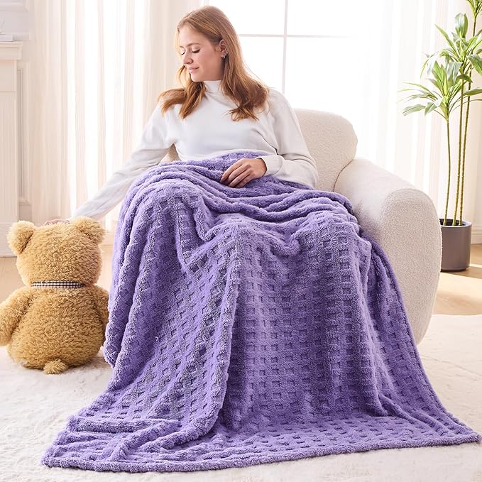NEWCOSPLAY Super Soft Throw Blanket Lavender Premium Silky Flannel Fleece 3D Waffle Checkered Lightweight Bed Blanket All Season Use (Lavender, Throw(50"x70"))