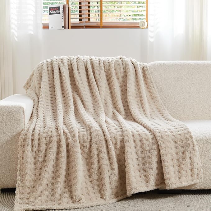 NEWCOSPLAY Super Soft Twin Blanket Linen Premium Silky Flannel Fleece 3D Waffle Checkered Lightweight Bed Blanket All Season Use (Linen, Twin(60"x80"))