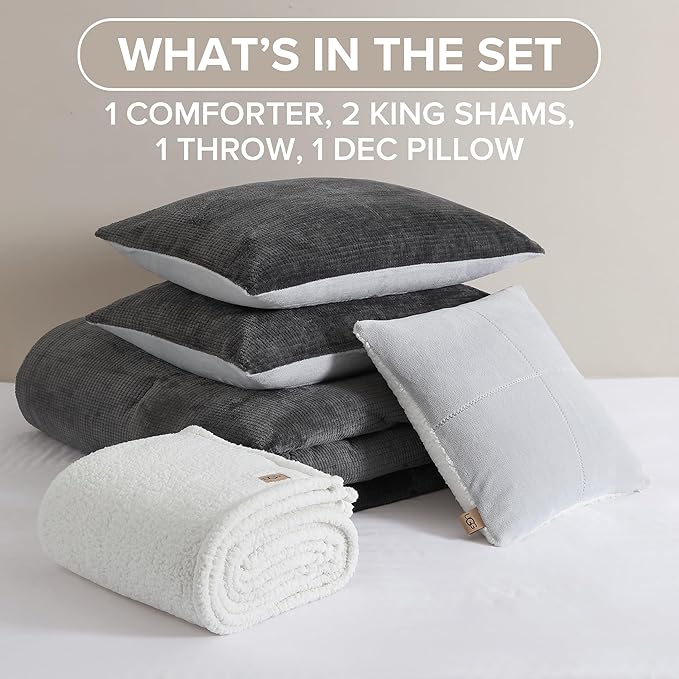 UGG Remina Comforter Set 5 Piece Bed in a Bag with Throw Blanket, Decorative Pillow, Shams, and Reversible Comforter Hypoallergenic Washable Luxury Plush Warm Fluffy Bedding Set, King, Charcoal Grey