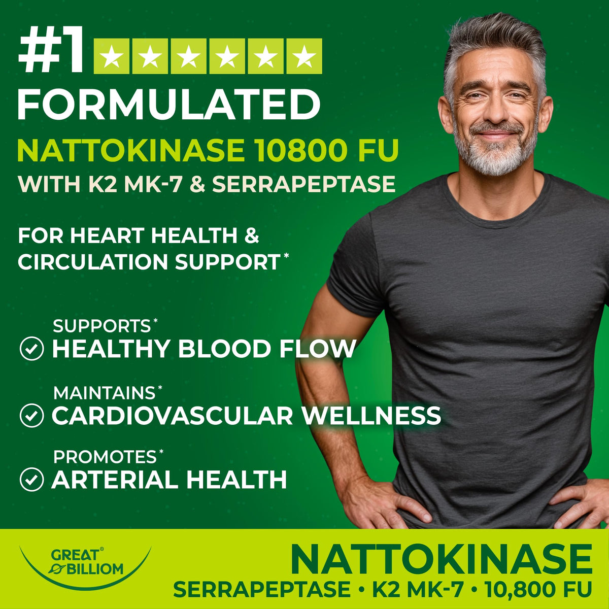 GREAT BILLIOM Nattokinase 10800 FU with Vitamin K2 MK-7 & Serrapeptase 240,000 SPU Supplement – Natto Enzyme, Heart Health Supplements for Blood Flow & Circulation Support, 90 Capsules