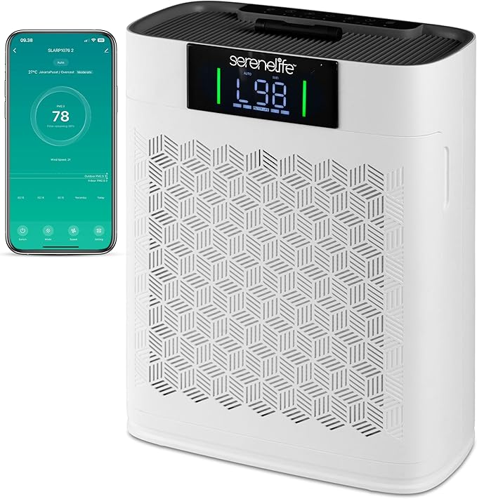 SereneLife HEPA Air Purifier for Home – Smart WiFi & App Control, Ultra-Quiet Air Purifier for Bedrooms & Large Rooms, Removes Dust, Pet Hair & Odors, Ideal for Pets & Allergies (1,076 Sq Ft, White)