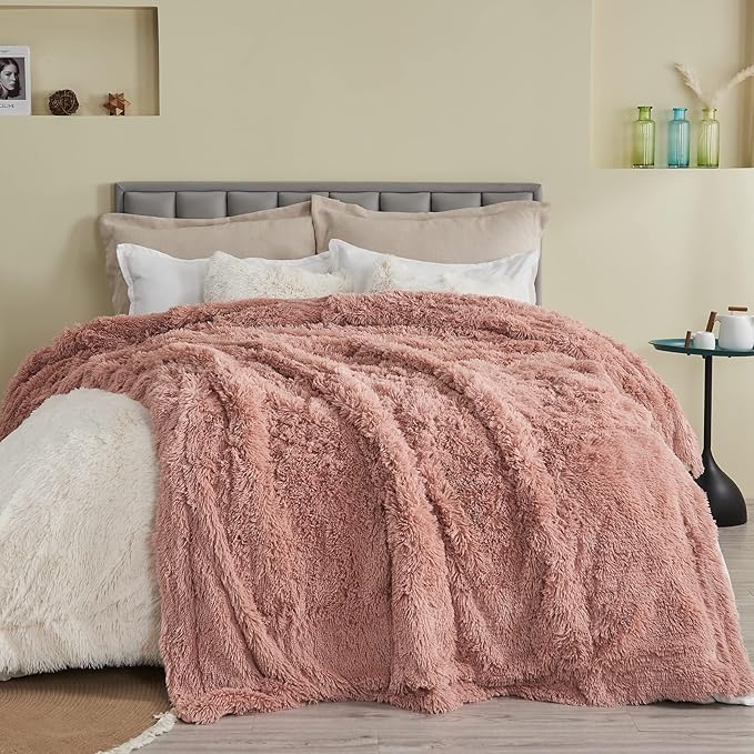 GONAAP Fuzzy Faux Fur Throw Blanket Queen Size Pink Super Soft Cozy Plush Fuzzy Shaggy Blanket for Couch Sofa Bed (Pink, Queen(90"x90"))