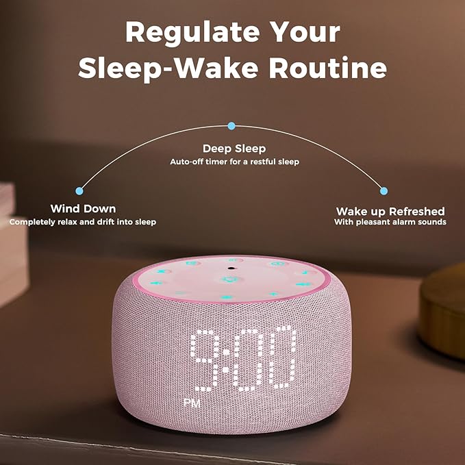 White Noise Machine Alarm Clock for Bedrooms - 5W Stereo Bluetooth Speaker - 24 Soothing Sounds - 9 Night Lights - Auto-Dimmable Digital Alarm Clock Sound Machine for Sleeping