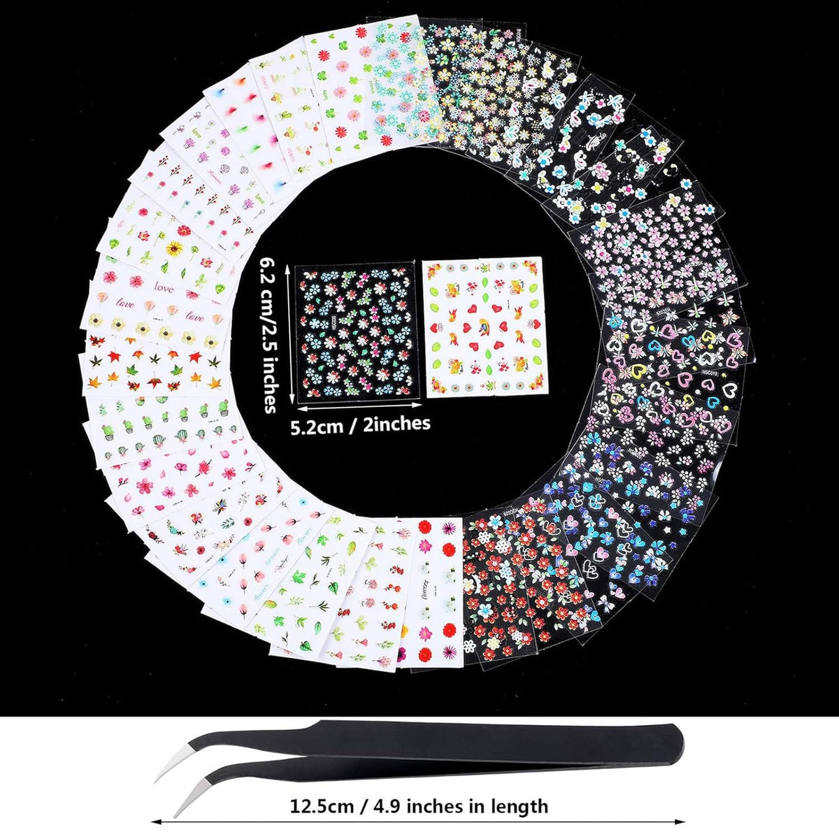 Blulu 5000 Pcs Flower Nail Stickers 100 Sheets 3D Self Adhesive Nail Stickers Multi Design Decals Multicolor Flower Manicure Decals with Tweezer(Retro Floral Series)