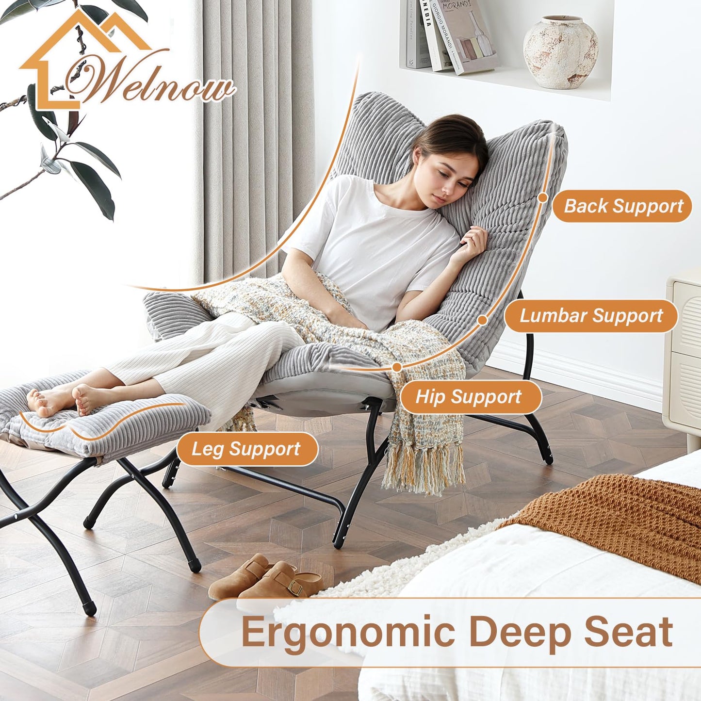Welnow Accent Lounge Lazy Chair, Comfy Soft Leisure Metal Frame Reading Chair, Upholstered Thick Cushion Seated Recliner Sofa for Living Room, Bedroom, Dorm, Dark Green