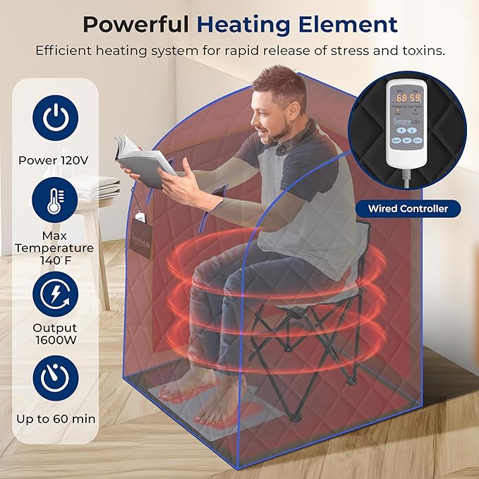 SereneLife Portable Sauna Box for Home, Infrared Sauna Tent with Heated Foot Pad and Folding Chair, Remote Control In-Home Spa, 38" x 32” - (Black)