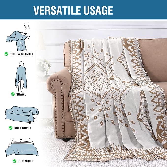 H.VERSAILTEX Reversible Sofa Cover Couch Cover for Dog Sofa Slipcover for Most Shape Sofa Furniture Protector with Tassels Sectional Couch Cover (Medium: 71" x 91", Sand/White)