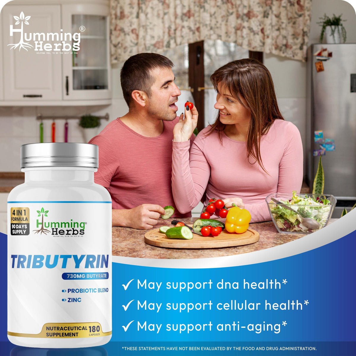 Humming Herbs Tributyrin Complex — 850 mg per Serving (95% Pure, yielding 731 mg Butyrate) with L-Glutamine, Zinc L-Carnosine, FOS & Probiotic Blend (180)