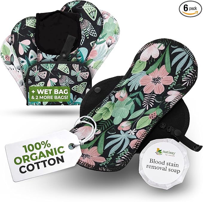 Organic Cotton EcoComfort Reusable Period Pads for Light Flow (S+M, 6-Pack); High-Temp Washable Cloth Pads for Women & Teens; Non-Irritating, Soft Reusable Pads Menstrual for Comfortable Period Care