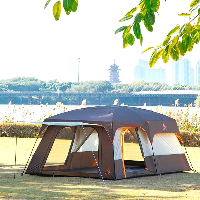 KTT Extra Large Tent 10-12-14 Person(A),Family Cabin Tents,2 Rooms,3 Doors and 3 Windows with Mesh,Straight Wall,Waterproof,Double Layer,Big Tent for Outdoor,Picnic,Camping,Family Gathering