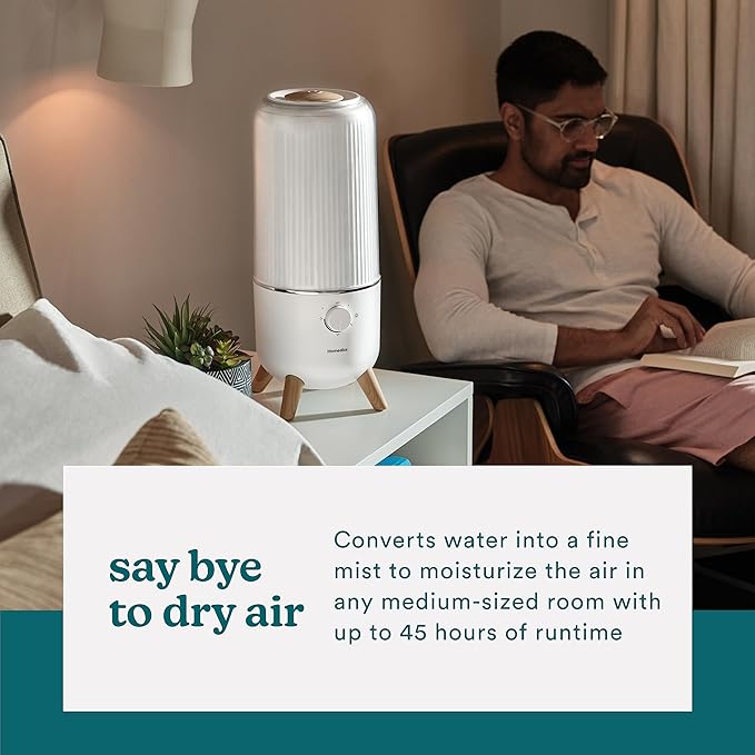 Homedics Ultrasonic Humidifier, Bedrooms and Home Offices, 0.97-Gallon Tank, 45-Hour Runtime, Visible Ultra-Quiet Cool Mist, Aromatherapy, Demineralization Cartridge, Night-Light, Auto-Off, White