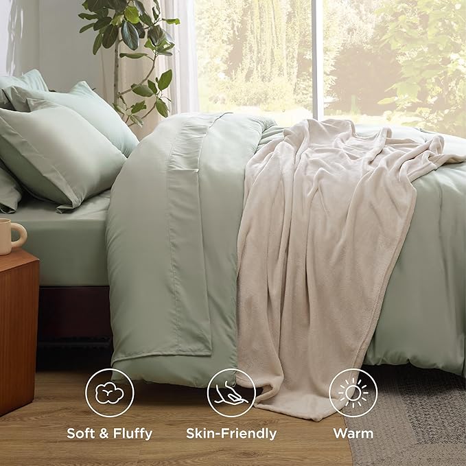 Bedsure Twin Comforter Set Sage Green, 6 Pieces Prewashed Twin Size Bed in a Bag with Soft Fleece Bed Blanket, Down Alternative Bedding Set for All Seasons, Sheets, Pillowcase & Sham