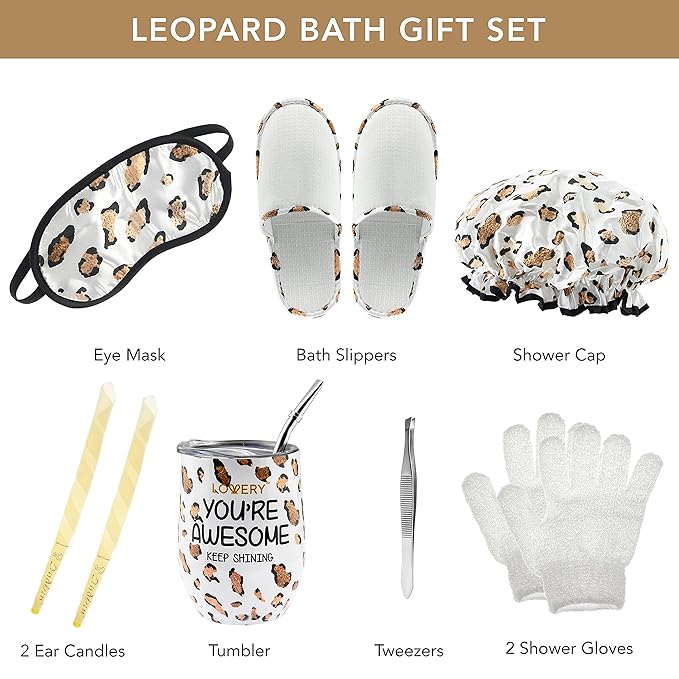 Mothers Day Home Spa Kit in Honey Almond Scent, Bath Gift Basket with Vit E-Rich Bath Essentials, Tumbler, Ear Candles, Bath Oil, Salts, Shower Steamer, Organic Lip Balm & More in Leopard Basket, 21Pc