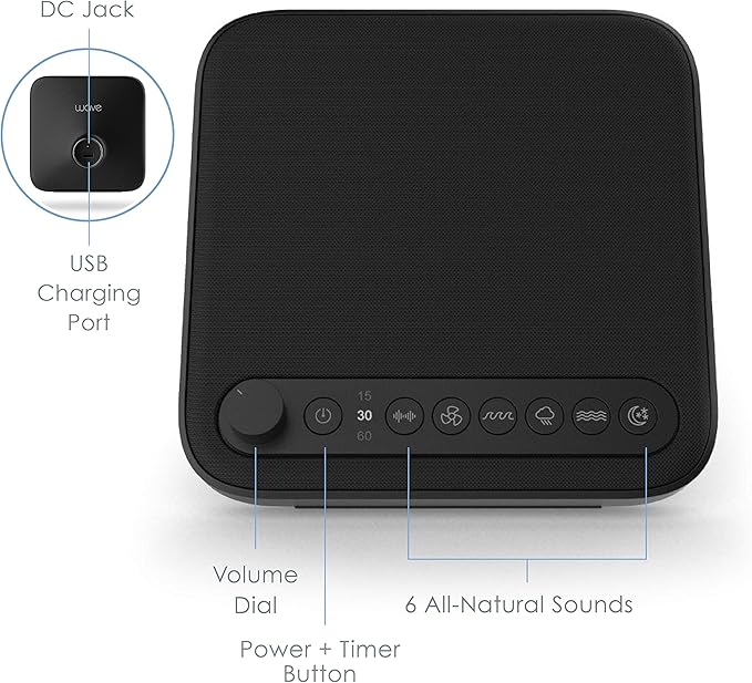 Pure Enrichment Wave Premium Sleep Sound Machine with USB Charger - Seamless Looping with 6 Soothing All-Natural Sounds, & Auto-Off Timer - Easily Portable for Travel (Black) Patented Design