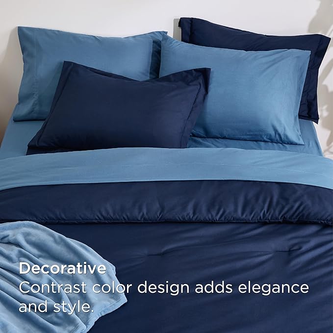 Bedsure Queen Comforter Set Navy Blue, 8 Pieces Prewashed Queen Size Bed in a Bag with Soft Fleece Bed Blanket, Down Alternative Bedding Set for All Seasons, Sheets, Pillowcases & Shams