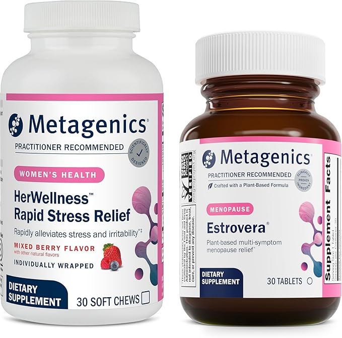 Metagenics HerWellness Rapid Stress Relief + Estrovera - Women's Stress Support Supplement with Saffron, L-Theanine & Vitamin B6 - Mixed Berry Flavor, 30 Soft Chews + Women's Health Supplement for Per