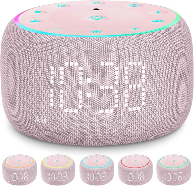 White Noise Machine Alarm Clock for Bedrooms - 5W Stereo Bluetooth Speaker - 24 Soothing Sounds - 9 Night Lights - Auto-Dimmable Digital Alarm Clock Sound Machine for Sleeping