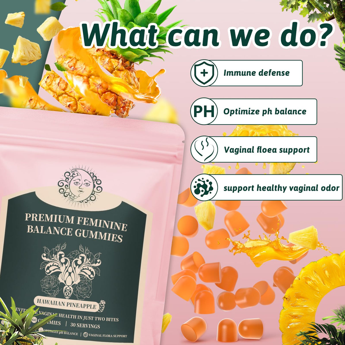 Mosslly Feminine Balance Gummies for Women - Premium Balance Supplement for Women PH Health, Gut Healthy, Immune Support, Hawaiian Pineapple Flavor, 60 Gummies