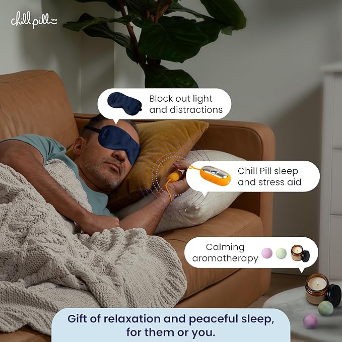 The Chill Pill Chill & Unwind Gift Box - Sleep Mask, Bath Balls, Aromatherapy Candle & The Chill Pill Sleep Aid Device - Mend Your Mental’s Best Gift for People in Need of Stress Relief and Relaxation