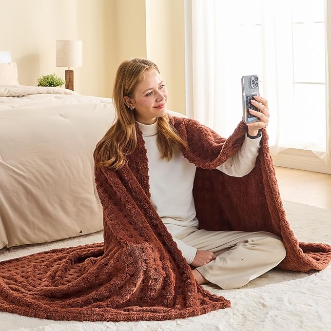 NEWCOSPLAY Super Soft Throw Blanket Coffee Premium Silky Flannel Fleece 3D Waffle Checkered Lightweight Bed Blanket All Season Use (Coffee, Throw(50"x70"))