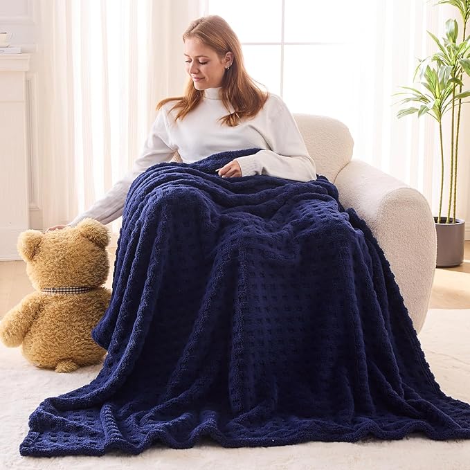 NEWCOSPLAY Super Soft Throw Blanket Navy Premium Silky Flannel Fleece 3D Waffle Checkered Lightweight Bed Blanket All Season Use (Dark Navy, Throw(50"x70"))