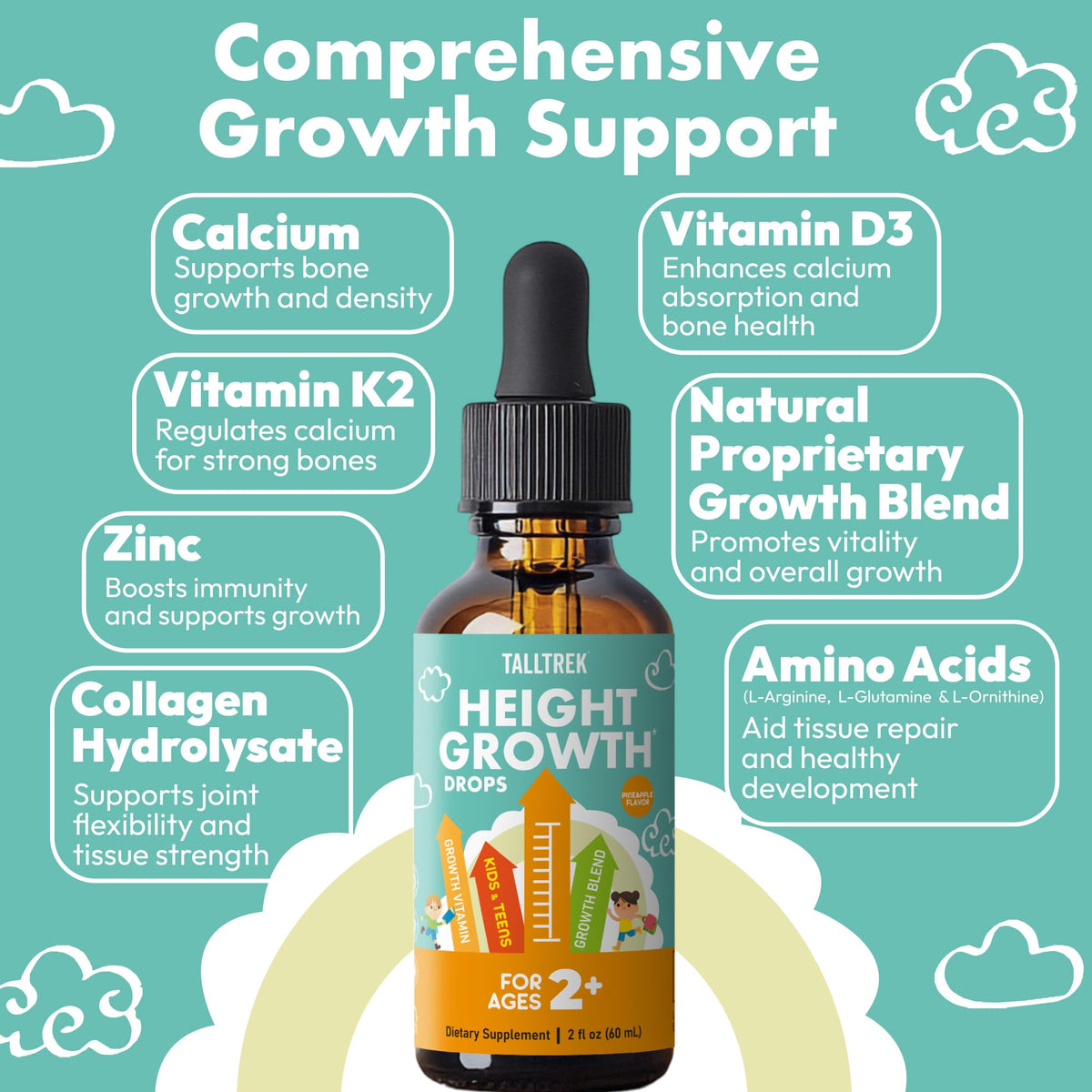 TallTrek Height Growth Supplement Drops for Kids - Teens Bone Growth Height Increase and Maximizer Immune Health Drops with Vitamins D3 K2 Zinc & Calcium - Gluten Free Vegan Pineapple Flavor