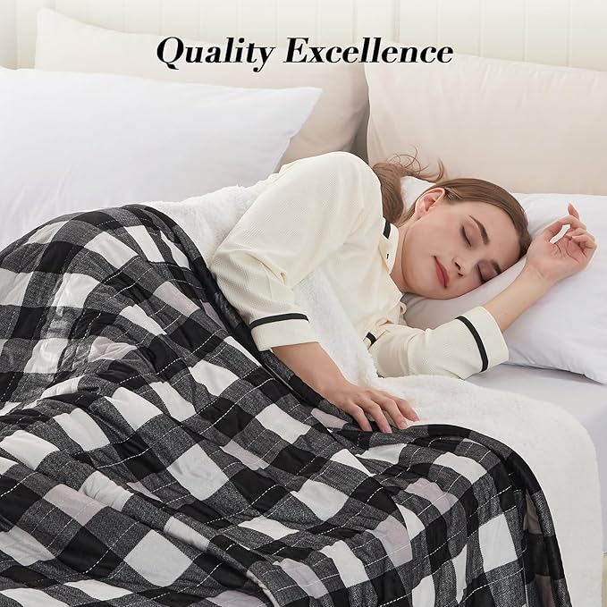 Westinghouse Full Size Heated Blanket Electric Blanket, Flannel & Sherpa Heating Blanket with10 Heating Levels & 1 to 12 Hours Heating Time Settings, Fast Heating Blanket Black Plaid, 72x84 Inches